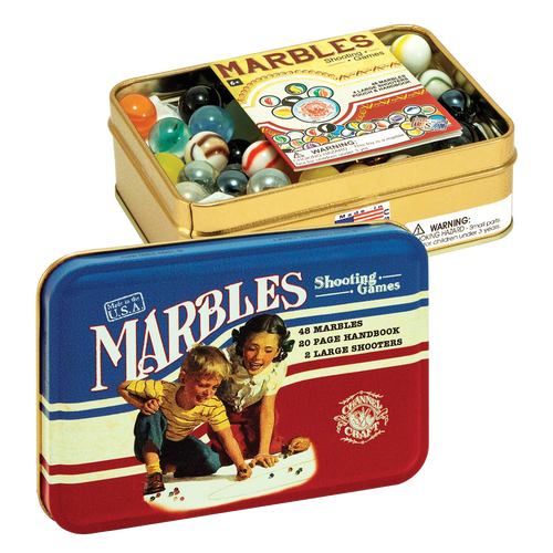 Rectangular handcrafted tin box with vintage-style lid depicting children playing marbles, containing 48 colorful marbles, two large shooters, and a 20-page handbook, made in USA, ideal for Toys, Books & Games, Children's Toys, Games and Puzzles, Table and Board Games, Best Sellers, and Promo Eligible collections.