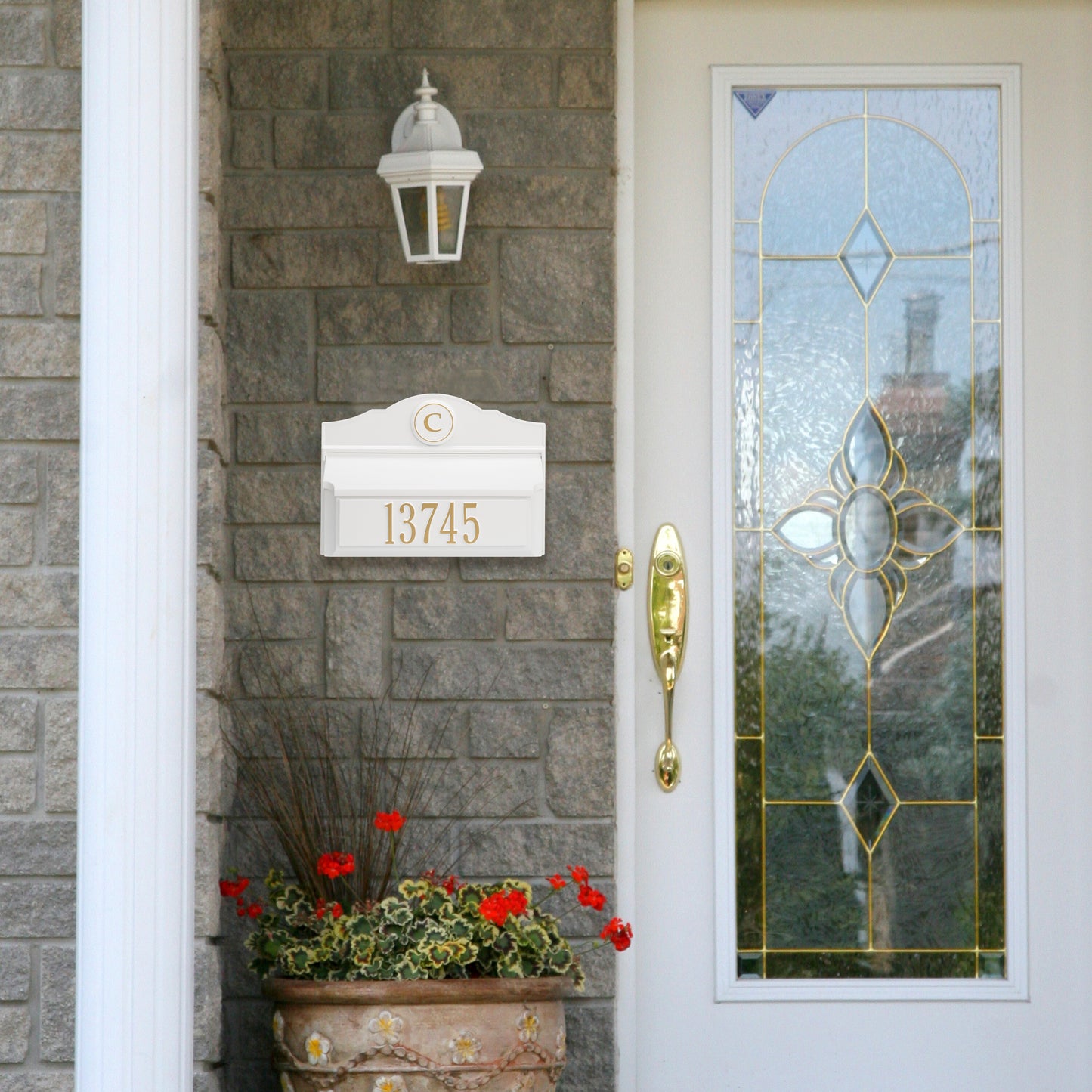 Handcrafted white and gold wall mount mailbox with personalized house number and monogram, made in USA, enhancing curb appeal in Home & Decor, Mailboxes and Address Signs collections.