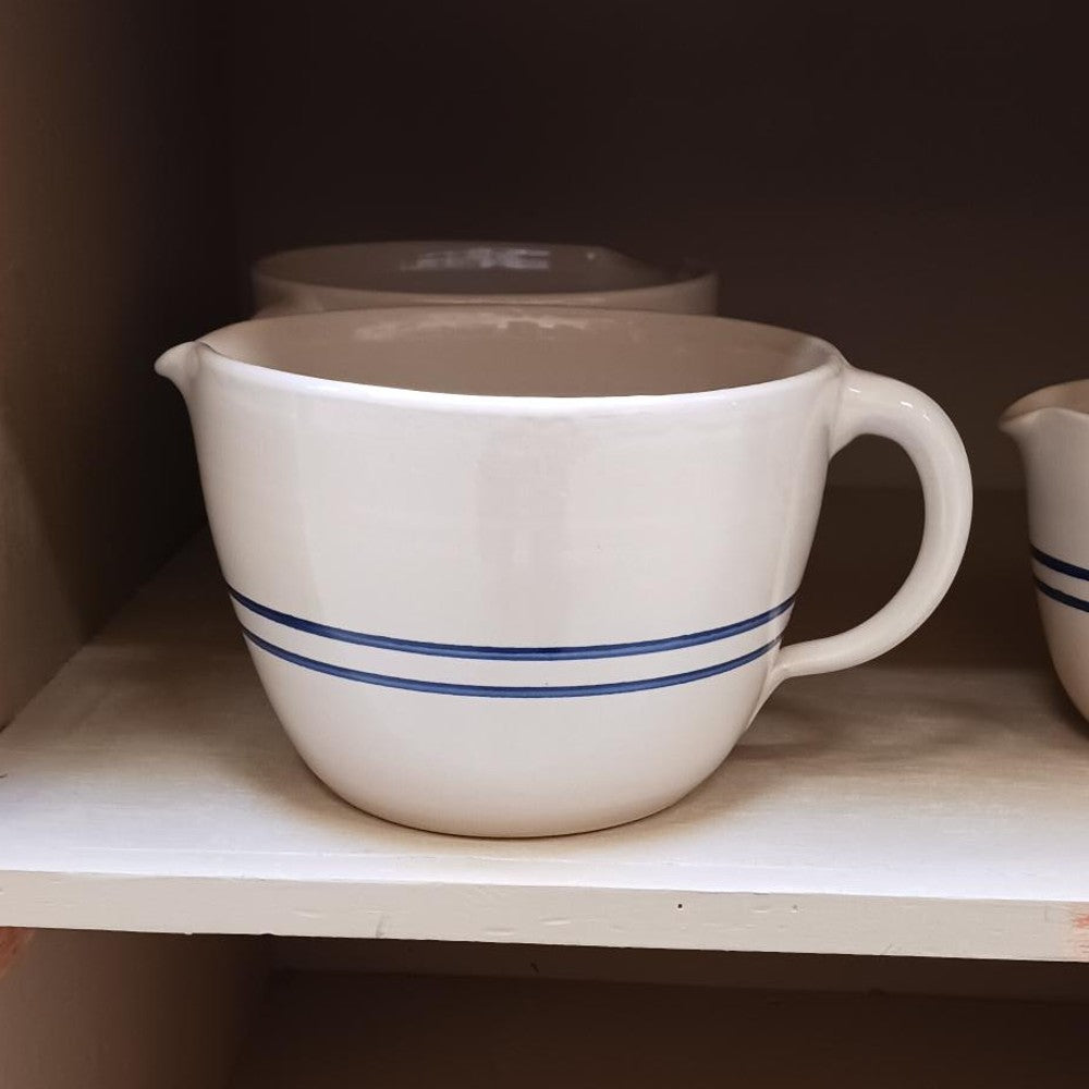 Durable handcrafted stoneware batter bowl with classic blue double stripes and a pouring spout, made in USA, ideal for Kitchen & Food, Cookware, Baking Supplies, Cast Iron collections.
