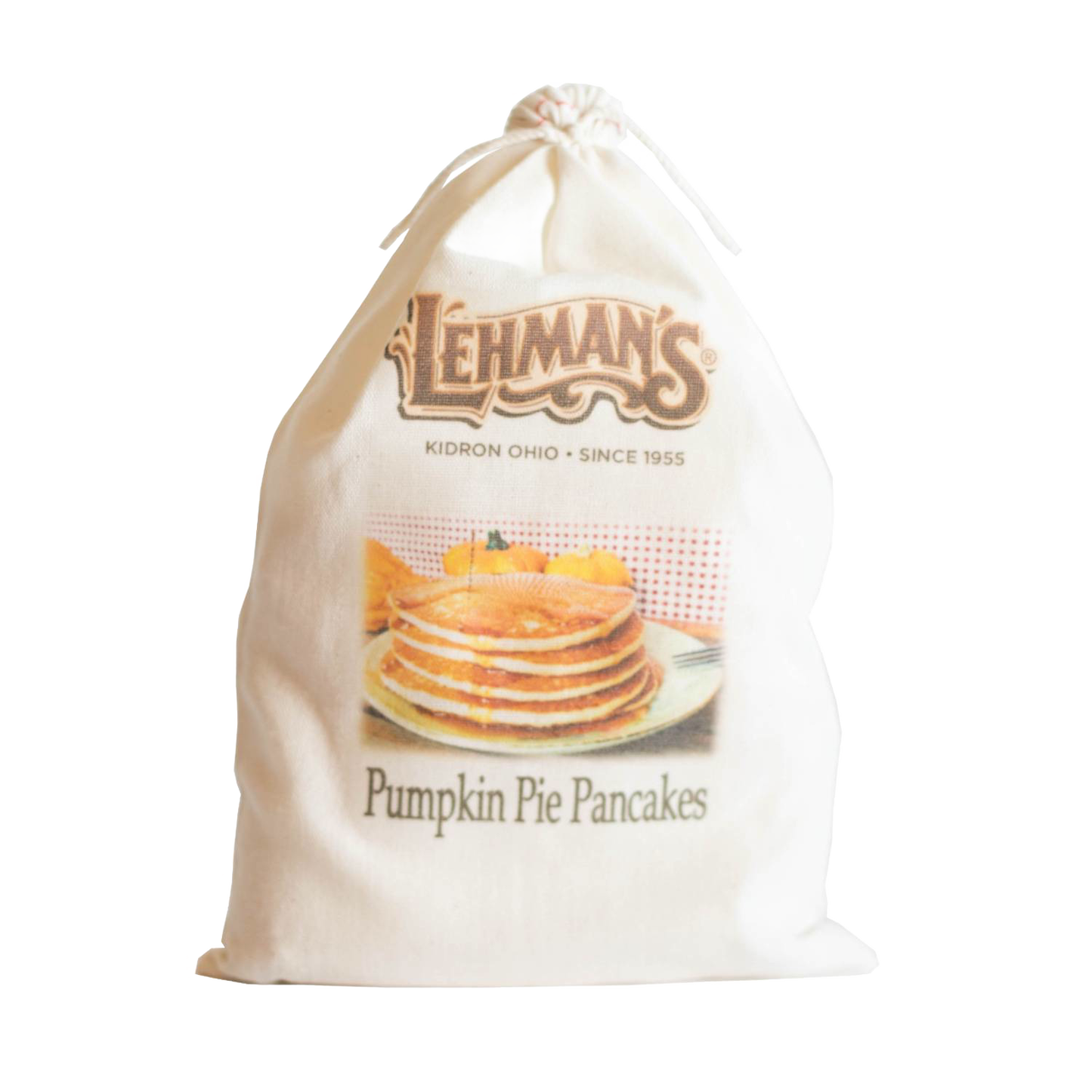 Natural fabric drawstring bag featuring handcrafted Lehman’s pumpkin pie pancake mix with an image of stacked pancakes, ideal for Kitchen & Food, Pantry, and Best Sellers collections.