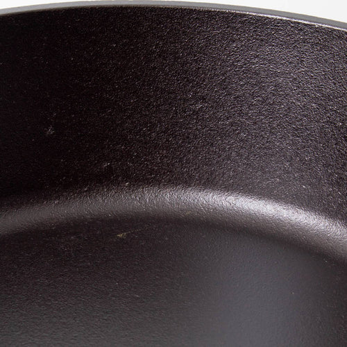 Close-up of the smooth, seasoned surface of a handcrafted cast iron camp Dutch oven, showcasing durable construction ideal for Farm, Garden & Tool, Camping, and Cookware collections.