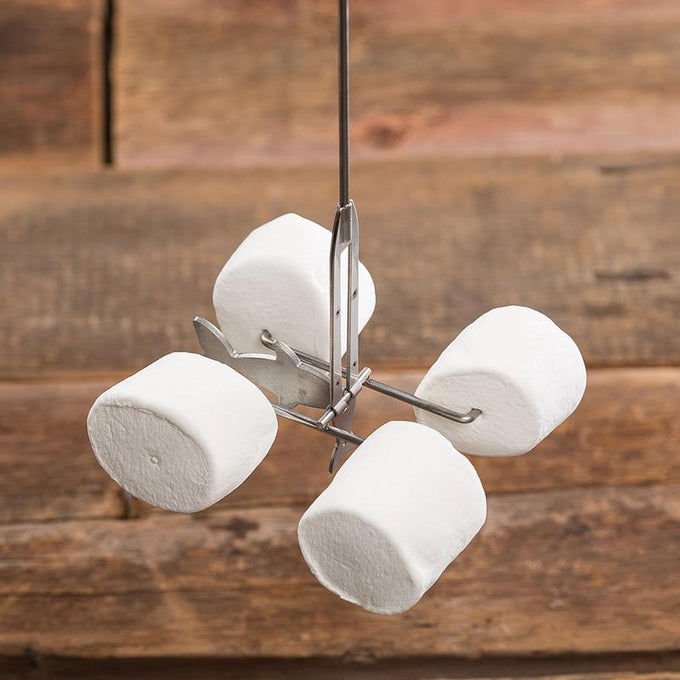 Handcrafted roasting fork with stainless steel rod holding four large marshmallows, designed for safe campfire cooking with a heat-resistant wooden handle, perfect for Farm, Garden & Tool and Camping collections.