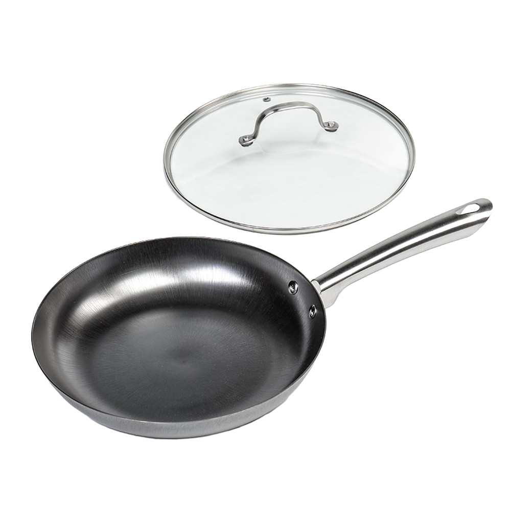 Handcrafted nitrogen-hardened cast iron skillet with smooth stainless steel handle and removable clear glass lid, featured in Kitchen & Food, Cookware, Cast Iron, and Best Sellers collections.
