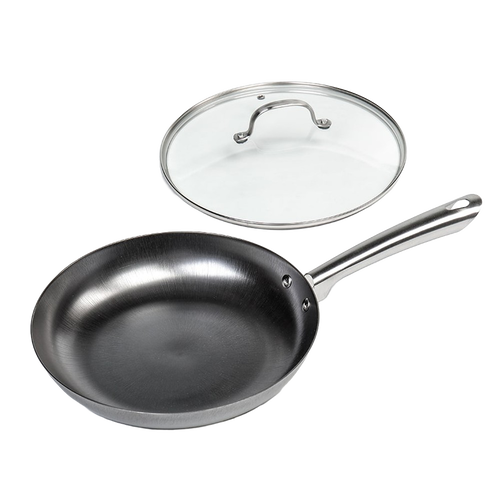 Handcrafted nitrogen-hardened cast iron skillet with smooth stainless steel handle and removable clear glass lid, featured in Kitchen & Food, Cookware, Cast Iron, and Best Sellers collections.