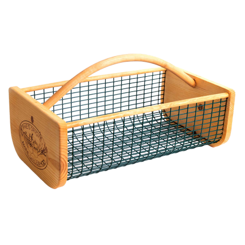 Handcrafted garden basket with smooth wooden ends, engraved logo, and green wire mesh body featuring an arched wooden handle, part of Farm, Garden & Tool, Garden Accessories, USA Made, Best Sellers, and Promo Eligible collections.