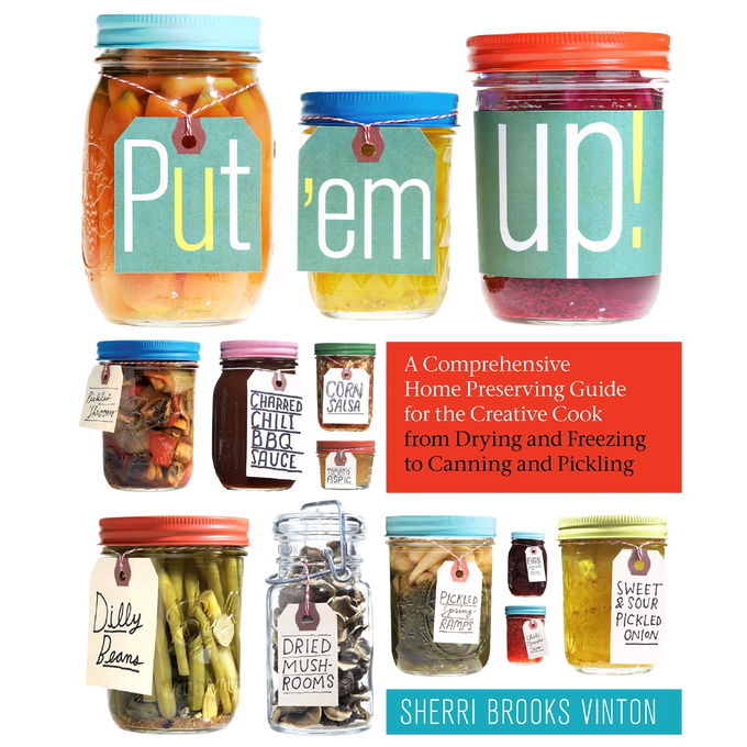 Assorted jars of homemade preserved vegetables and condiments with handwritten labels, promoting a comprehensive home preserving guide for creative cooks, featured in Books, Canning and Preserving Books, Best Sellers, and Promo Eligible collections.