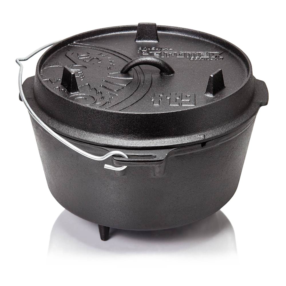 Black cast iron Dutch oven with three legs, fitted lid featuring raised handle and embossed markings, equipped with a metal bail handle, ideal for Kitchen & Food, Cookware, Cast Iron, and Best Sellers collections.