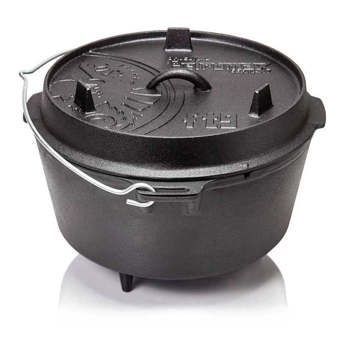 Black cast iron Dutch oven with three legs, fitted lid featuring raised handle and embossed markings, equipped with a metal bail handle, ideal for Kitchen & Food, Cookware, Cast Iron, and Best Sellers collections.