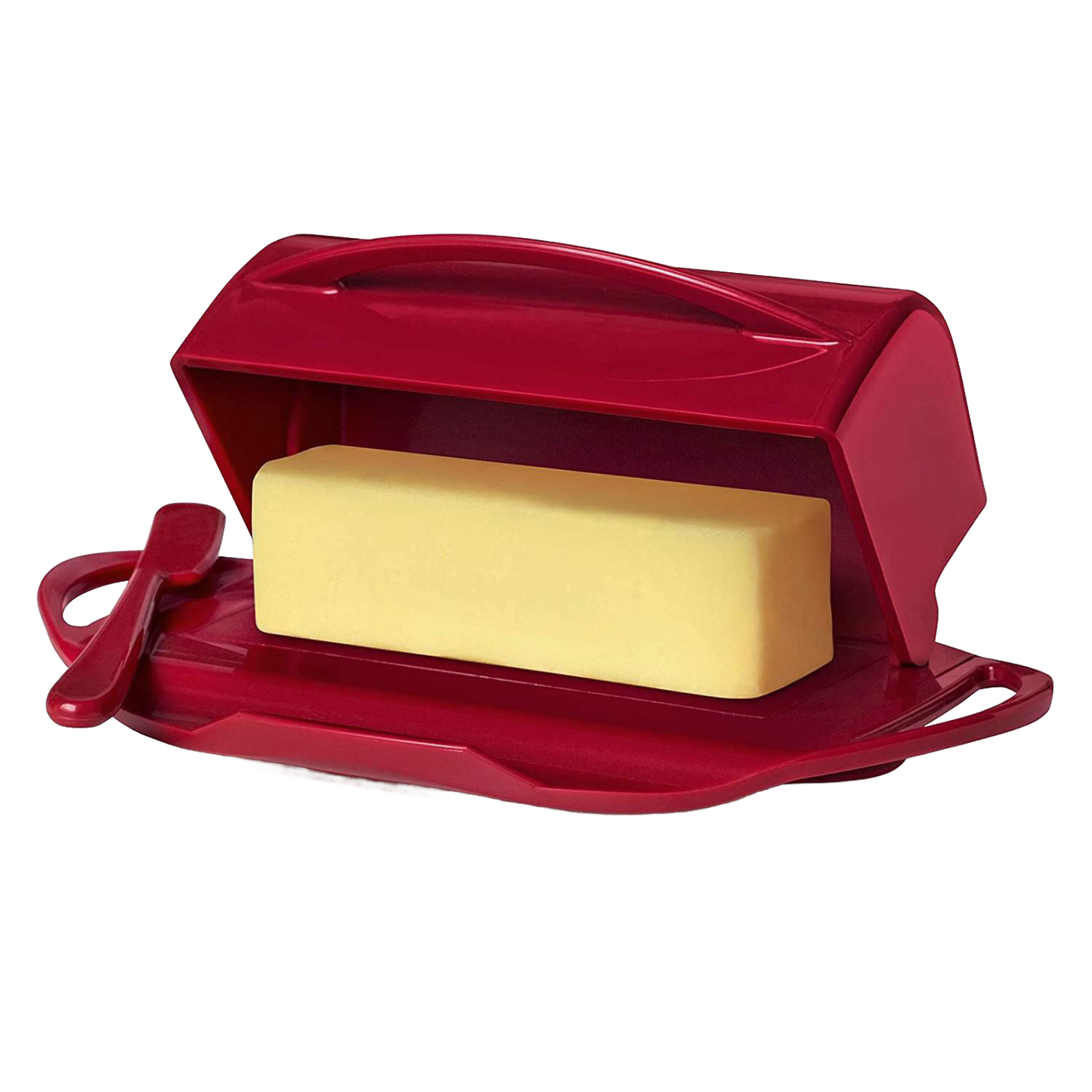 Deep red flip-top butter dish with a fitting cradle holding a matching spreader and a single stick of butter, designed for mess-free use in Kitchen Gadgets and Storage and Serving collections.
