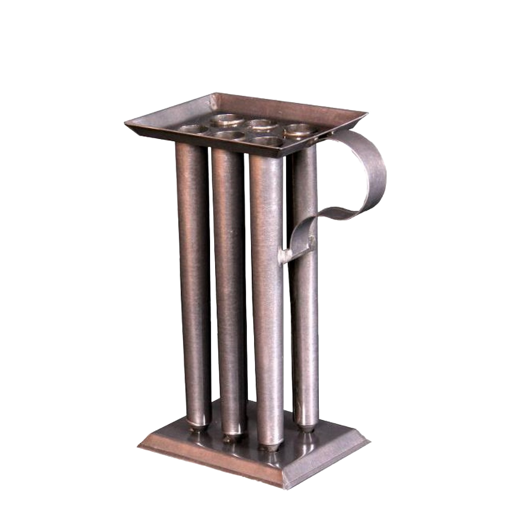 Handcrafted tin mold with four cylindrical compartments and a sturdy handle, designed for tapered candles, ideal for Candles and Candlemaking, Lamps & Lighting, and Best Sellers collections.