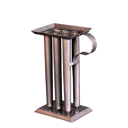 Handcrafted tin mold with four cylindrical compartments and a sturdy handle, designed for tapered candles, ideal for Candles and Candlemaking, Lamps & Lighting, and Best Sellers collections.