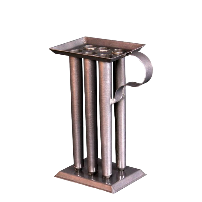 Handcrafted tin mold with four cylindrical compartments and a sturdy handle, designed for tapered candles, ideal for Candles and Candlemaking, Lamps & Lighting, and Best Sellers collections.
