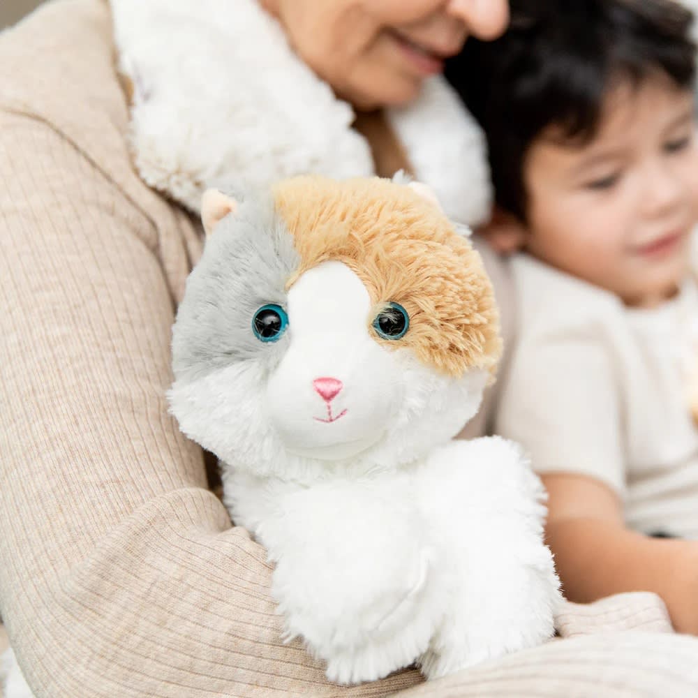 Soft plush cat in calming neutral tones with bright blue eyes, designed for warming comfort, featured in Health & Wellness, Children's Toys, and Indoor Play collections.