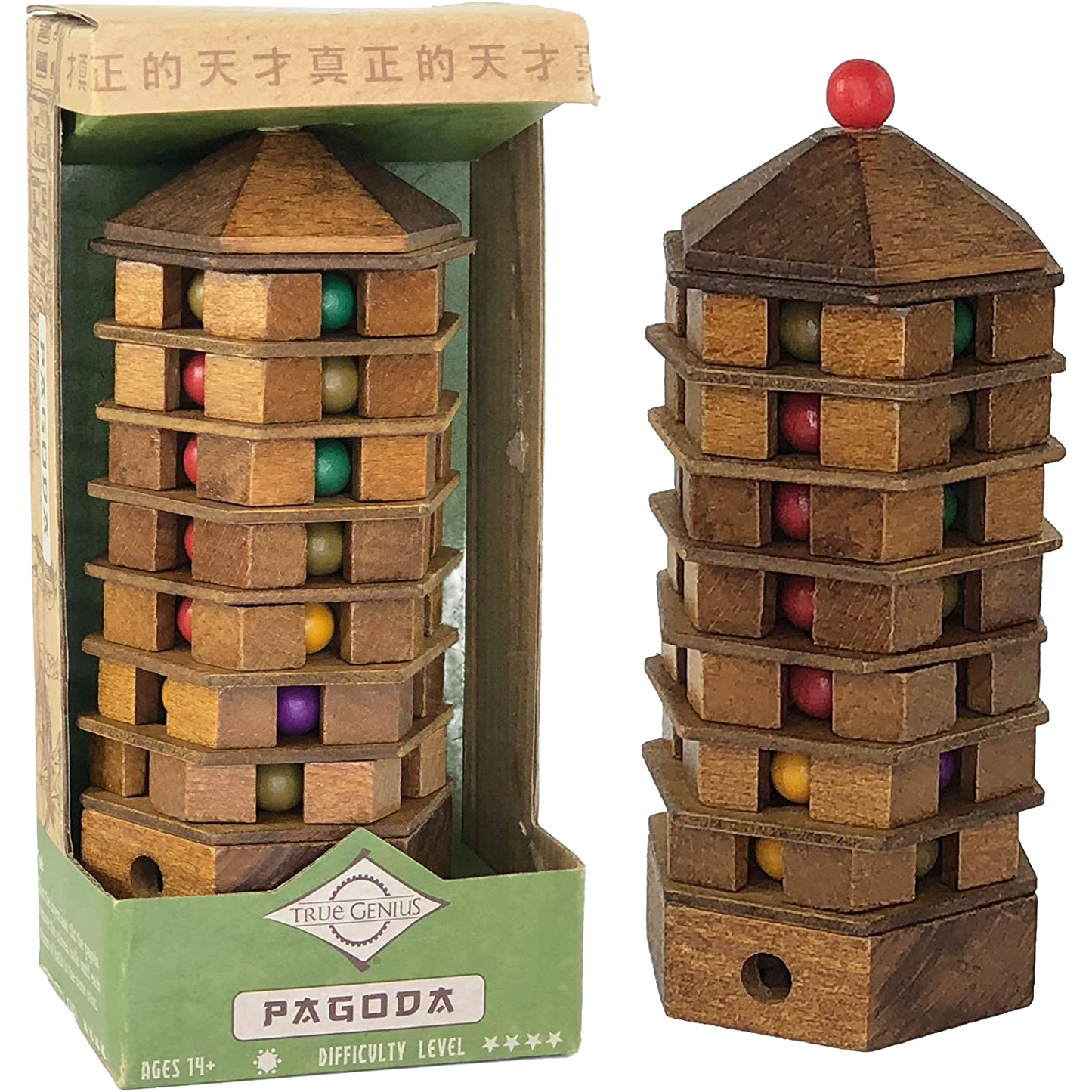 Handcrafted wooden pagoda brainteaser puzzle featuring colorful balls in a multi-layer tower, designed as a challenging game in Toys, Games and Puzzles, and Best Sellers collections.