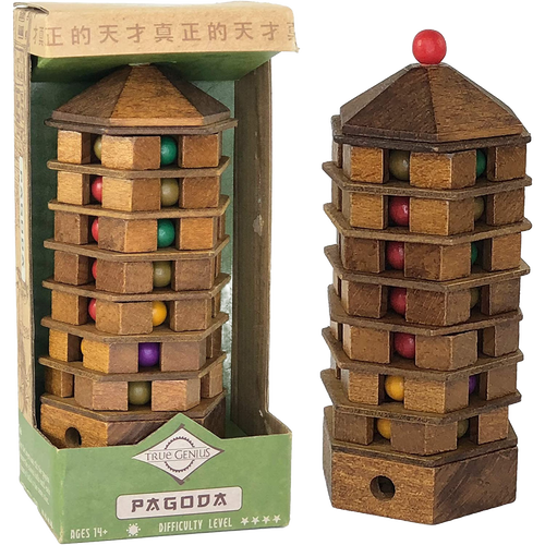 Handcrafted wooden pagoda brainteaser puzzle featuring colorful balls in a multi-layer tower, designed as a challenging game in Toys, Games and Puzzles, and Best Sellers collections.