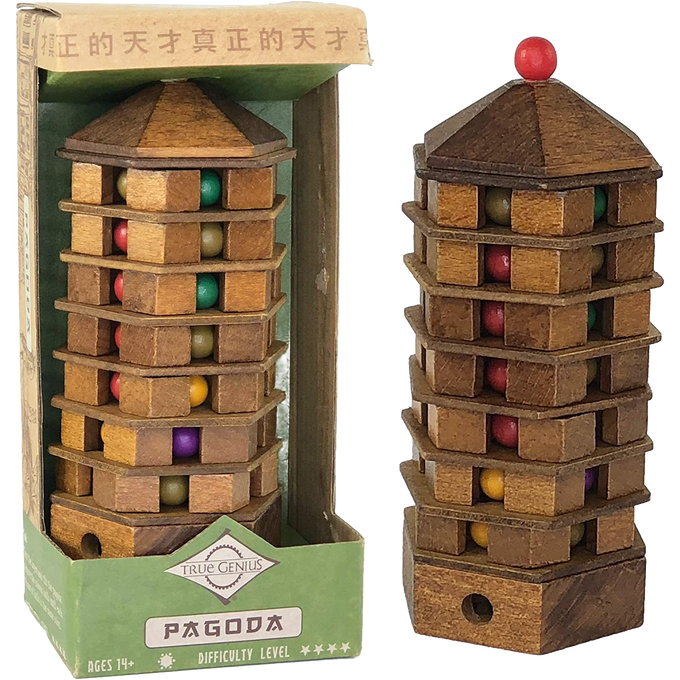 Handcrafted wooden pagoda brainteaser puzzle featuring colorful balls in a multi-layer tower, designed as a challenging game in Toys, Games and Puzzles, and Best Sellers collections.