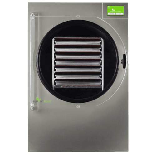 Stainless steel freeze dryer with clear circular door showcasing multiple metal trays inside, featuring a green digital control panel, designed for Kitchen & Food, Food Preservation, Freezing, Drying, and Best Sellers collections.