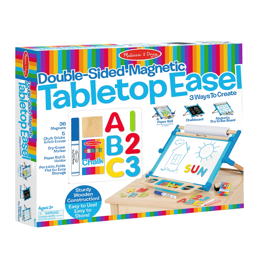 Colorful boxed set of a handcrafted double-sided tabletop easel with magnetic dry-erase board, chalkboard, paper roll, and alphabet magnets for children's arts and crafts, featured in Toys, Books & Games and Best Sellers collections.