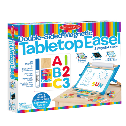 Colorful boxed set of a handcrafted double-sided tabletop easel with magnetic dry-erase board, chalkboard, paper roll, and alphabet magnets for children's arts and crafts, featured in Toys, Books & Games and Best Sellers collections.