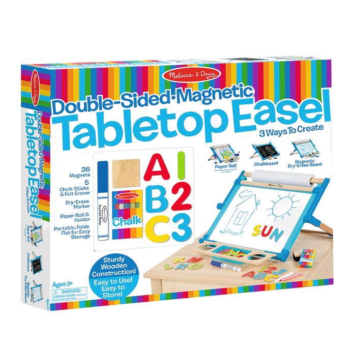 Colorful boxed set of a handcrafted double-sided tabletop easel with magnetic dry-erase board, chalkboard, paper roll, and alphabet magnets for children's arts and crafts, featured in Toys, Books & Games and Best Sellers collections.