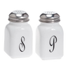 Set of two vintage-style glass salt and pepper shakers with black monogram lettering and metal tops, handcrafted in the USA, ideal for Kitchen & Food, Dinnerware, and Storage collections.