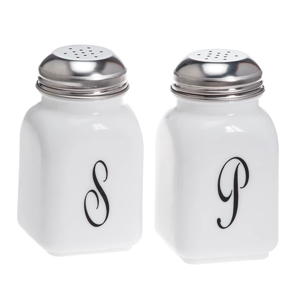 Set of two vintage-style glass salt and pepper shakers with black monogram lettering and metal tops, handcrafted in the USA, ideal for Kitchen & Food, Dinnerware, and Storage collections.