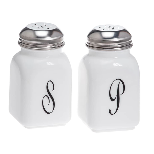 Set of two vintage-style glass salt and pepper shakers with black monogram lettering and metal tops, handcrafted in the USA, ideal for Kitchen & Food, Dinnerware, and Storage collections.