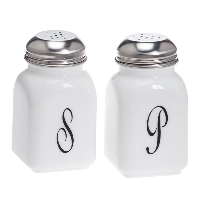 Set of two vintage-style glass salt and pepper shakers with black monogram lettering and metal tops, handcrafted in the USA, ideal for Kitchen & Food, Dinnerware, and Storage collections.