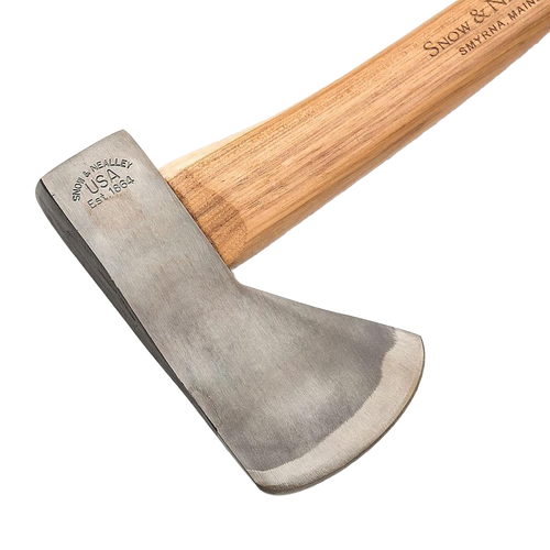 Handcrafted kindling axe with a high carbon steel blade and smooth hickory handle, Amish made in the USA, ideal for farm, garden, camping, and wood cutting tasks.