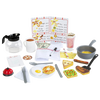 Children's diner accessory playset with wooden double-sided food pieces including waffle, egg, pie, and steak, play money, menu, guest check with marker, milkshake, coffee pot, and frying pan for imaginative indoor play.