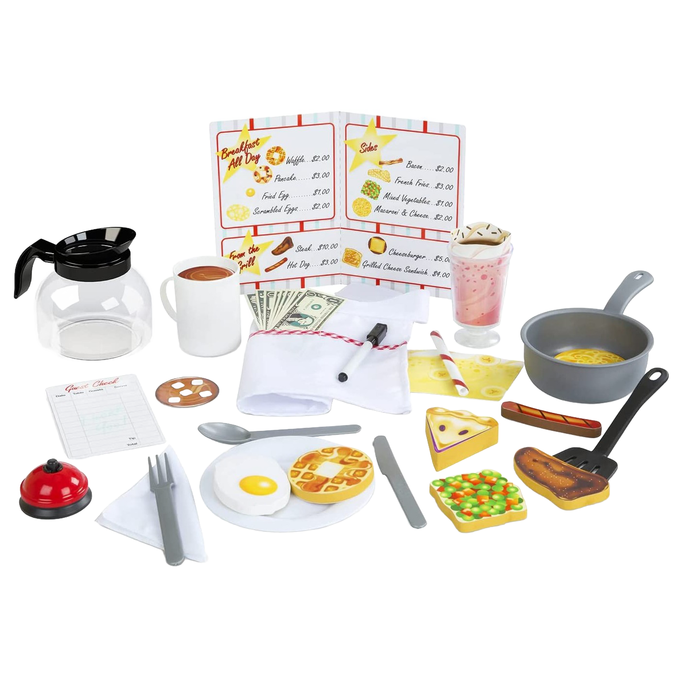 Children's diner accessory playset with wooden double-sided food pieces including waffle, egg, pie, and steak, play money, menu, guest check with marker, milkshake, coffee pot, and frying pan for imaginative indoor play.