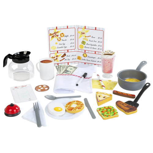 Children's diner accessory playset with wooden double-sided food pieces including waffle, egg, pie, and steak, play money, menu, guest check with marker, milkshake, coffee pot, and frying pan for imaginative indoor play.