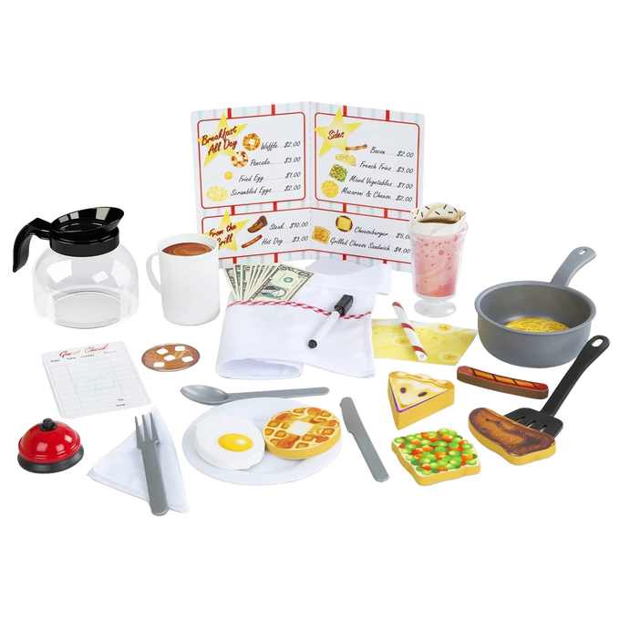Children's diner accessory playset with wooden double-sided food pieces including waffle, egg, pie, and steak, play money, menu, guest check with marker, milkshake, coffee pot, and frying pan for imaginative indoor play.