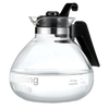 Clear glass whistling teakettle with a black handle and stainless steel band, featuring a 12-cup capacity and designed for Brewing Coffee and Tea and Kitchen & Food collections.