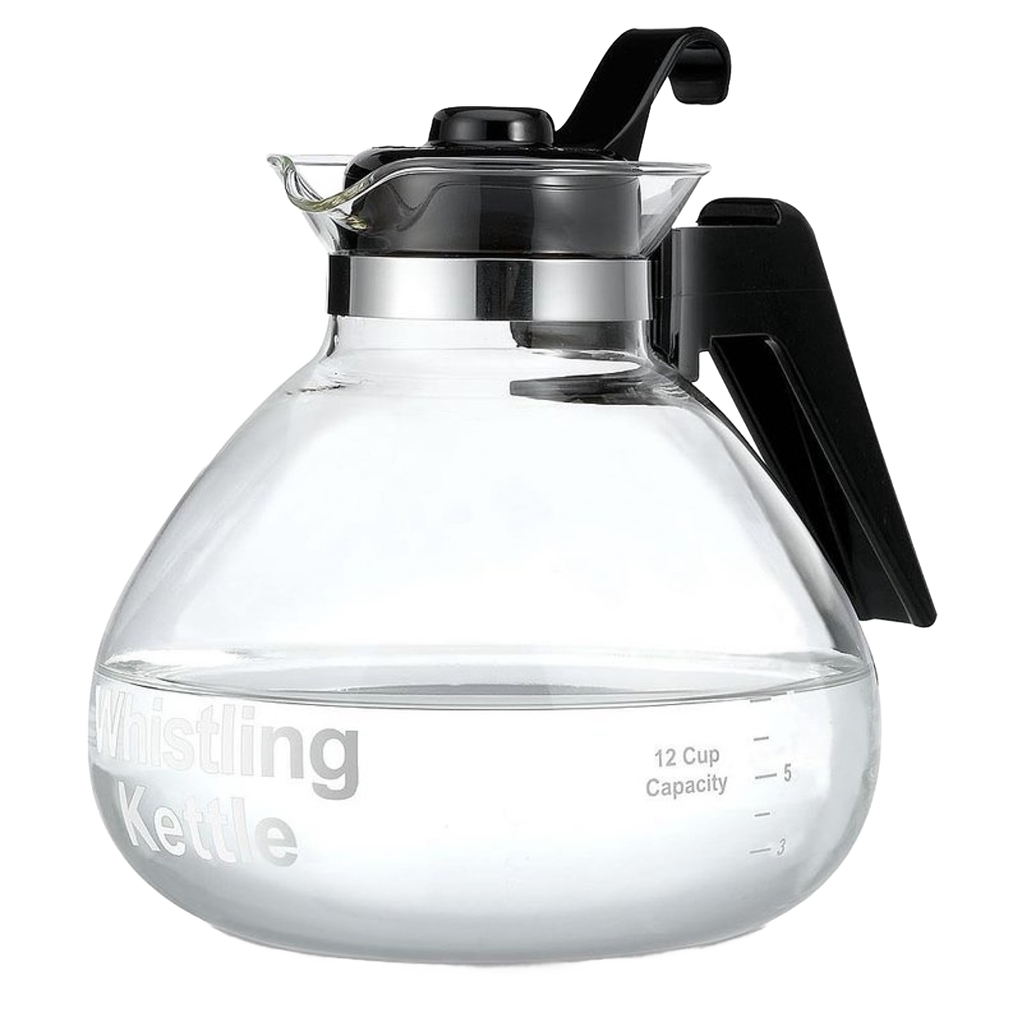 Clear glass whistling teakettle with a black handle and stainless steel band, featuring a 12-cup capacity and designed for Brewing Coffee and Tea and Kitchen & Food collections.