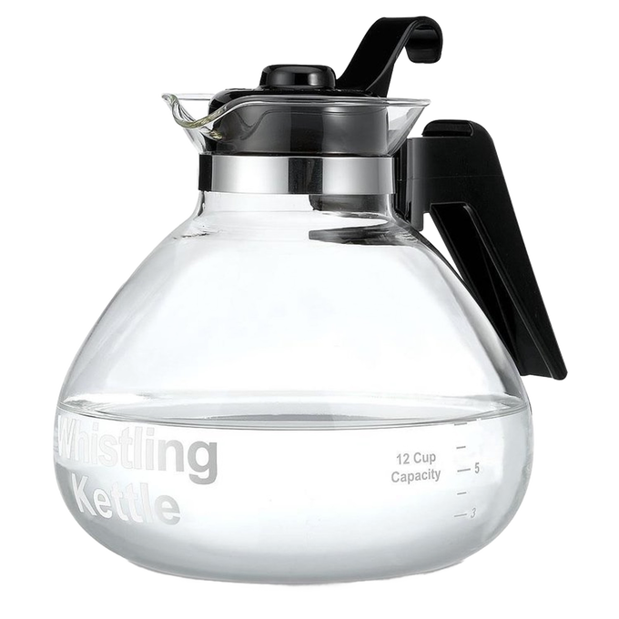 Clear glass whistling teakettle with a black handle and stainless steel band, featuring a 12-cup capacity and designed for Brewing Coffee and Tea and Kitchen & Food collections.