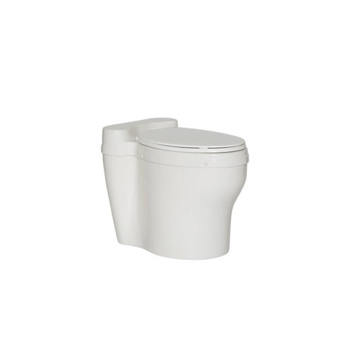 White waterless elongated dry toilet fixture designed for indoor use above a composting unit, featuring an 18-inch seat height and standard size seat, part of Appliances and Composting Toilets collections.