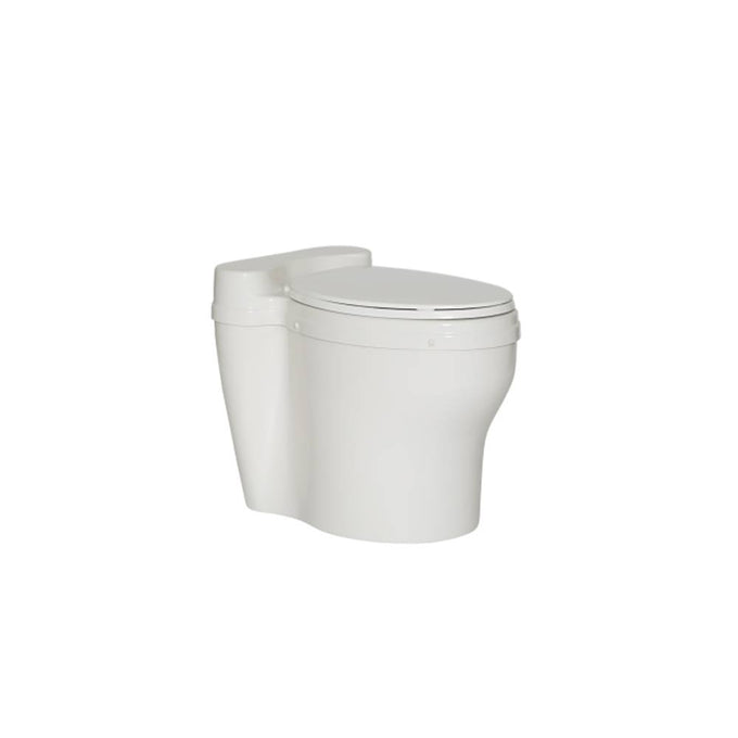 White waterless elongated dry toilet fixture designed for indoor use above a composting unit, featuring an 18-inch seat height and standard size seat, part of Appliances and Composting Toilets collections.