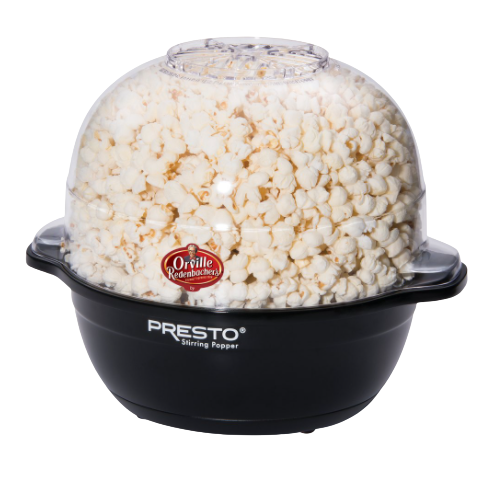 Black electric popcorn popper with clear dome lid filled with freshly popped popcorn, featuring a motorized stirring arm for even popping, ideal for Kitchen & Food, Popcorn, and Kitchen Gadgets collections.