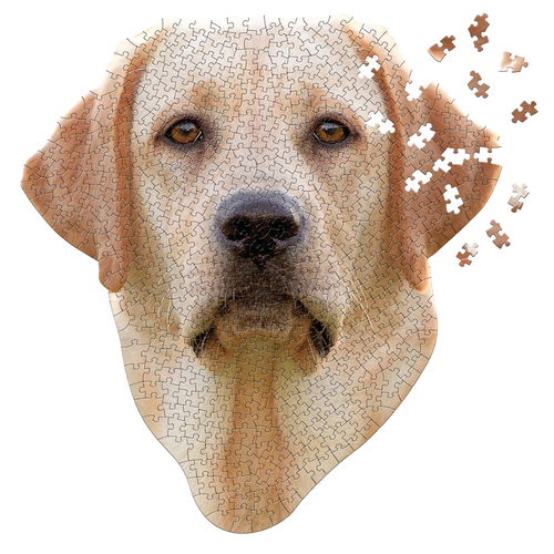 Unique-shaped jigsaw puzzle featuring a detailed Lab dog face with scattered pieces, handcrafted on premium chipboard, ideal for Toys, Books & Games and Best Sellers collections.