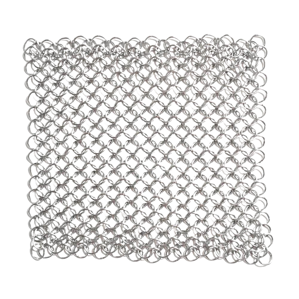 Square handcrafted chainmail scrubber made from food-grade stainless steel, designed for cleaning cast iron and carbon steel cookware, part of USA Made and Kitchen & Food collections.