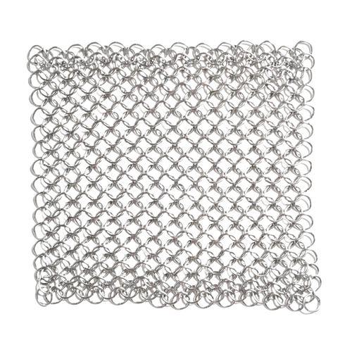 Square handcrafted chainmail scrubber made from food-grade stainless steel, designed for cleaning cast iron and carbon steel cookware, part of USA Made and Kitchen & Food collections.