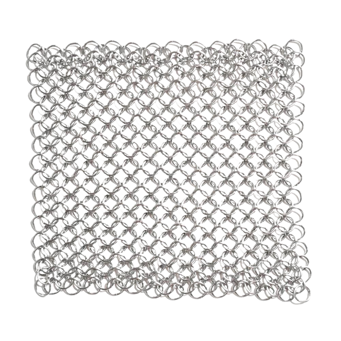 Square handcrafted chainmail scrubber made from food-grade stainless steel, designed for cleaning cast iron and carbon steel cookware, part of USA Made and Kitchen & Food collections.