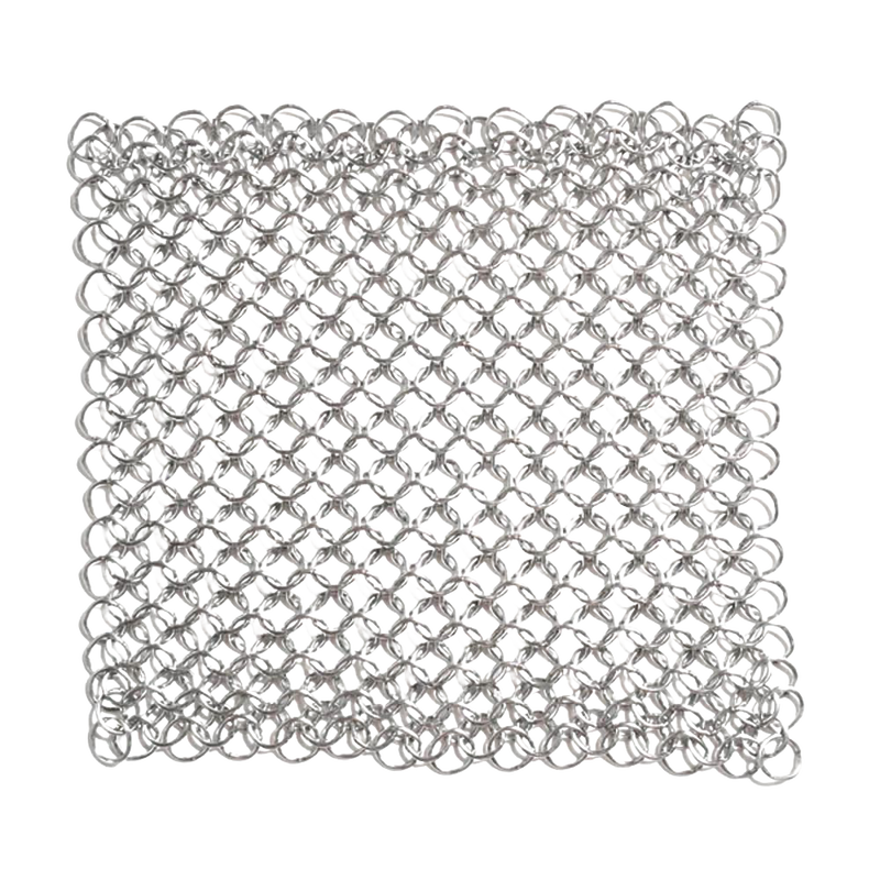 Square handcrafted chainmail scrubber made from food-grade stainless steel, designed for cleaning cast iron and carbon steel cookware, part of USA Made and Kitchen & Food collections.