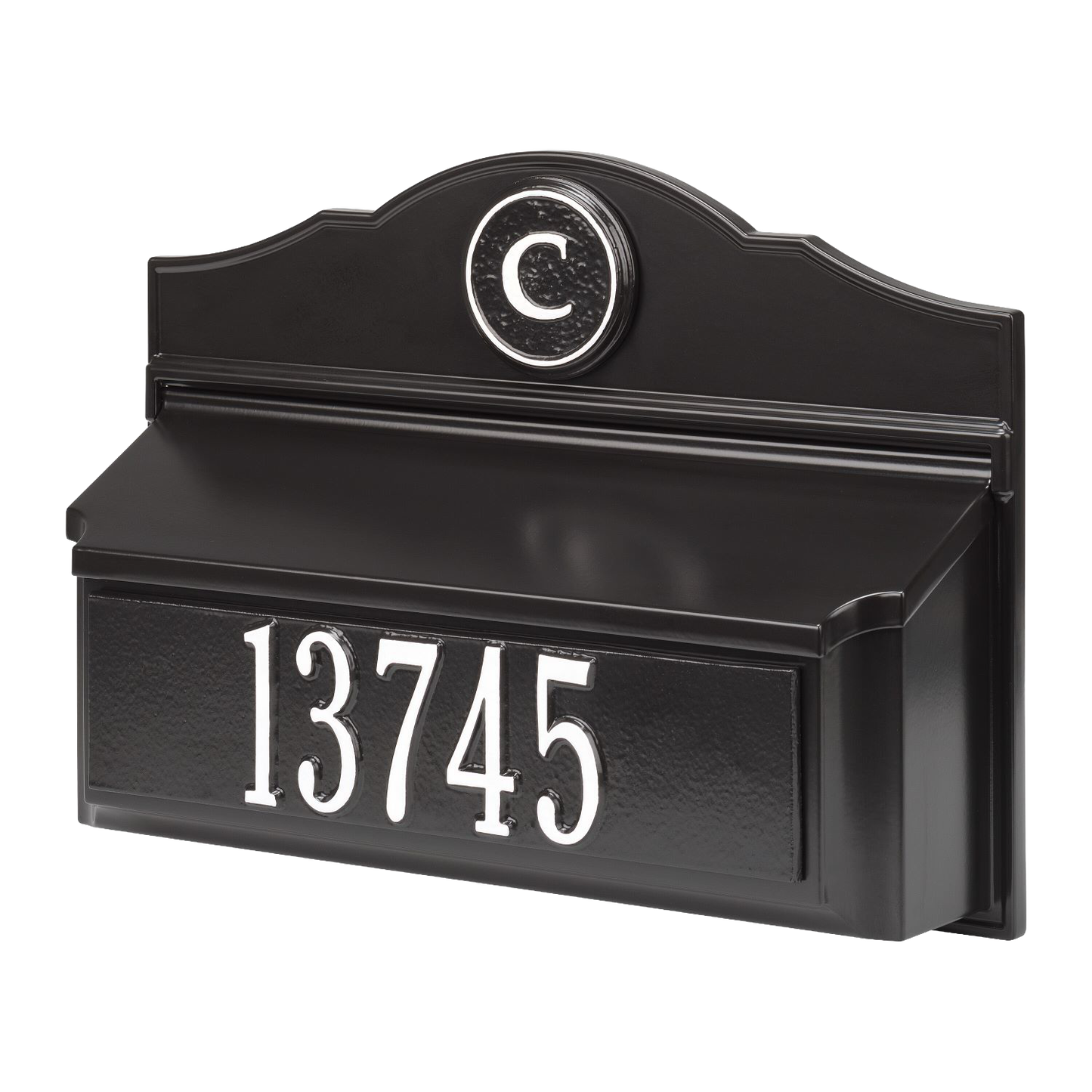 Black and white handcrafted wall mount mailbox with raised house number and monogram, designed to enhance curb appeal, featured in Home & Decor and USA Made collections.