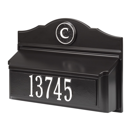 Black and white handcrafted wall mount mailbox with raised house number and monogram, designed to enhance curb appeal, featured in Home & Decor and USA Made collections.