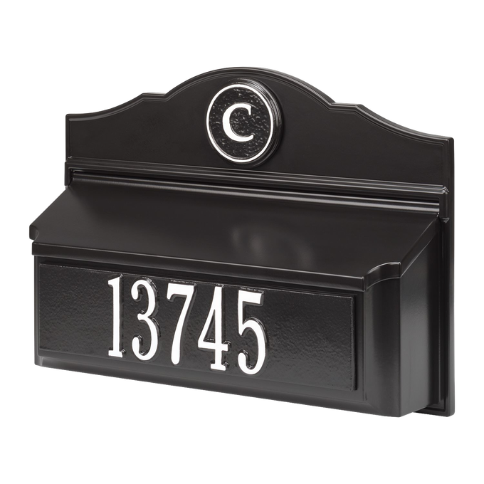 Black and white handcrafted wall mount mailbox with raised house number and monogram, designed to enhance curb appeal, featured in Home & Decor and USA Made collections.