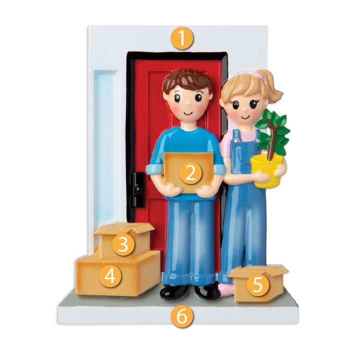 Handcrafted resin figurine of a couple in blue outfits holding a box and potted plant in front of a red door with stacked moving boxes, part of Holiday Decor and Home & Decor collections.