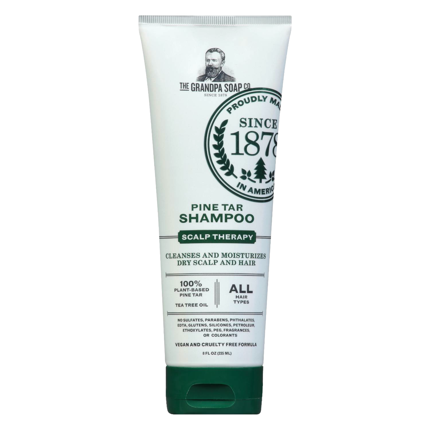 Tube of handcrafted pine tar shampoo made in USA with plant-based ingredients for dry, itchy scalp relief, featured in Health & Wellness and Grooming collections.