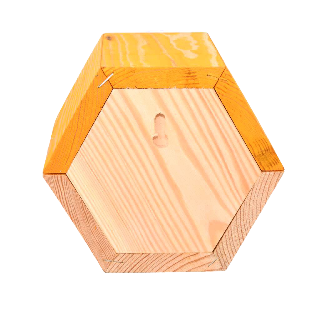 Handcrafted hexagonal pine wood bee house with paper straw nesting tubes, designed to shelter beneficial bees in farm, garden, and outdoor settings, featured in Best Sellers.